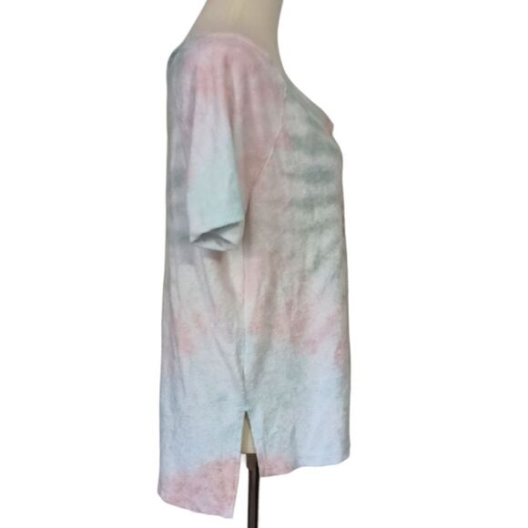 Tie Dye Terry Cloth Top L Relaxed Short Sleeve Beachy Coastal Pastels Hippie - Picture 2 of 16